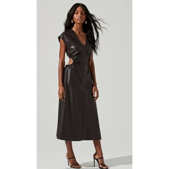 NWT ASTR The Label - Miranda Faux Leather Cutout Midi Dress in Brown (Size S) - Picture 1 of 8
